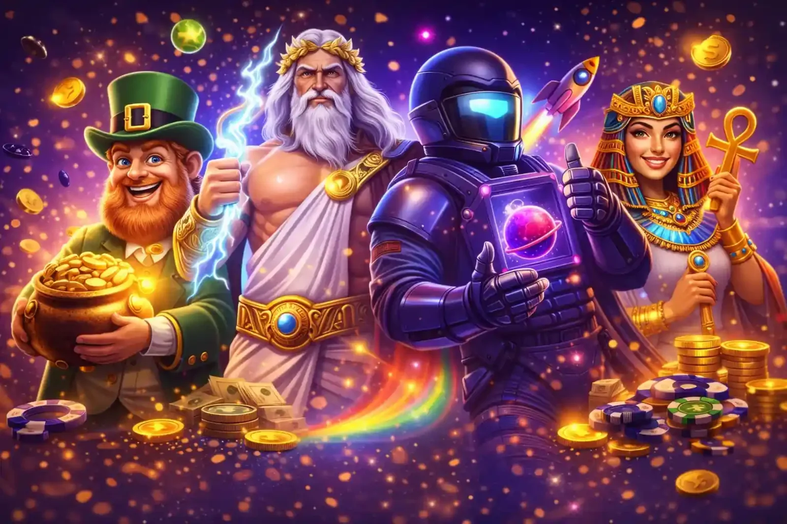 Group of casino characters including Zeus and Leprechaun under a rainbow