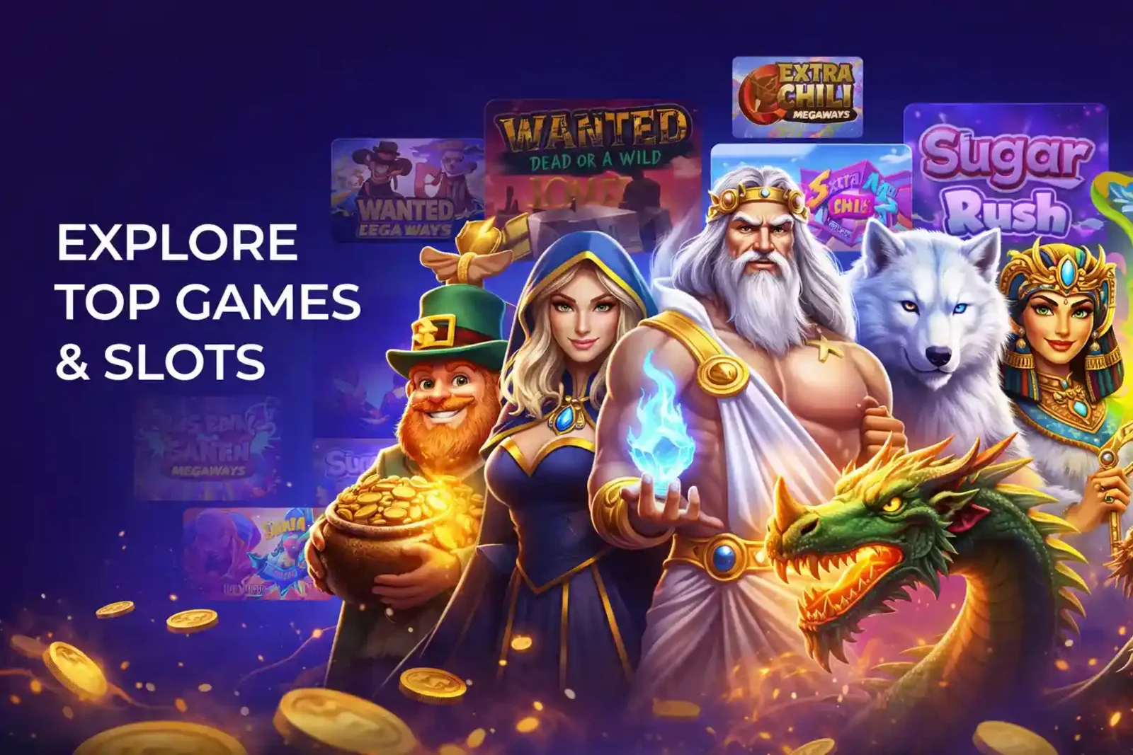 Promotional banner featuring Zeus, Leprechaun, and Cleopatra with popular slot thumbnails